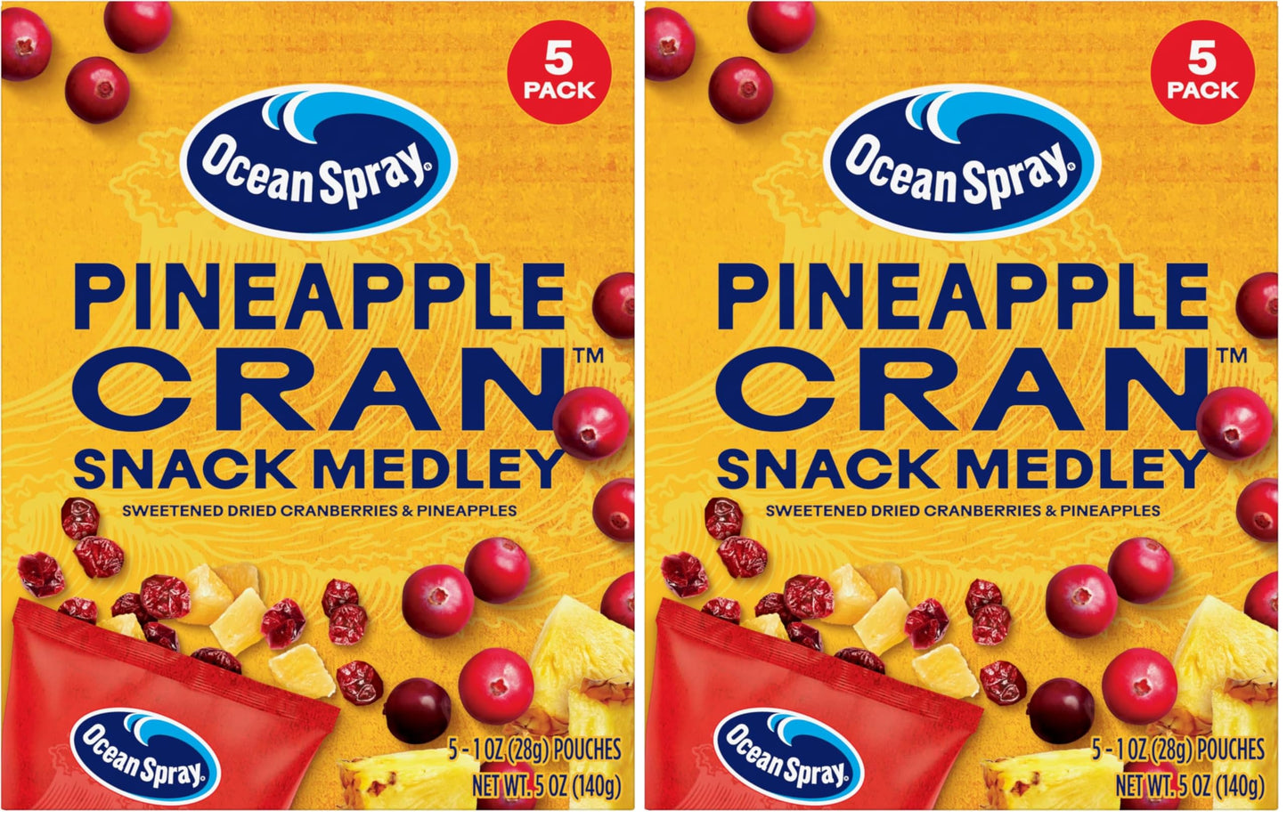 Ocean Spray Pineapple Cran Snack Medley, Cranberry and Pineapple Dried Fruit Snack, 1 Oz Pouches, 5 Count (Pack of 2)