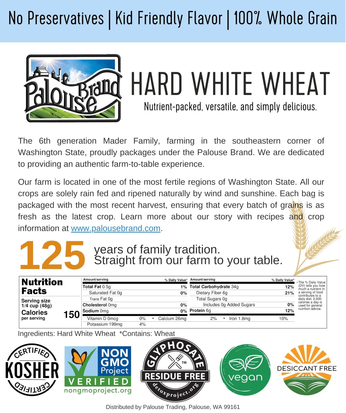 Hard White Wheat Wheat Berries | 100 Lbs | Desiccant Free | Sproutable | Non-Gmo Project Verified | Kosher