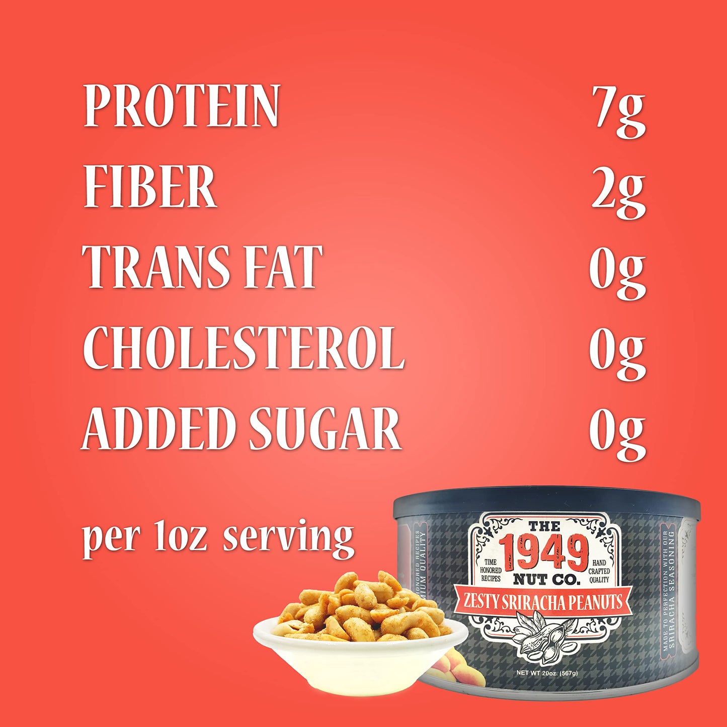 The 1949 Nut Co. Sriracha Virginia Style Peanuts, Oil Roasted, 20 oz Can, Extra-Large, Hand-Cooked in USA