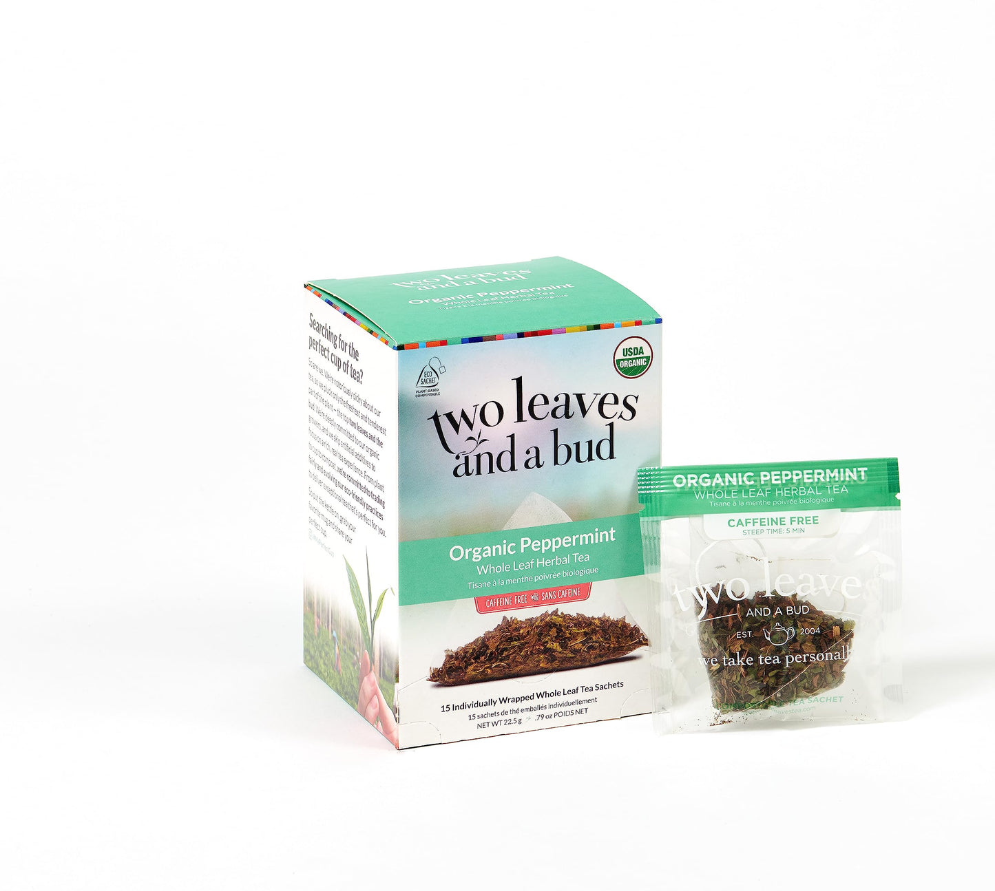 Two Leaves and a Bud Organic Peppermint Tea Bags, Herbal, Caffeine Free, 15 Count, Compostable Sachets