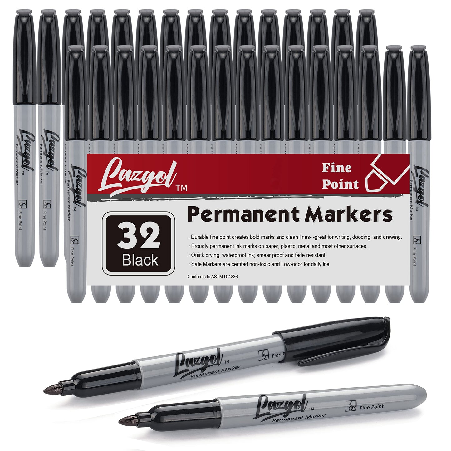 Lazgol Permanent Markers Bulk, 32 Pack Black Permanent Marker Set, Fine Tip, Waterproof Markers, Premium Smear Proof Pens, Water