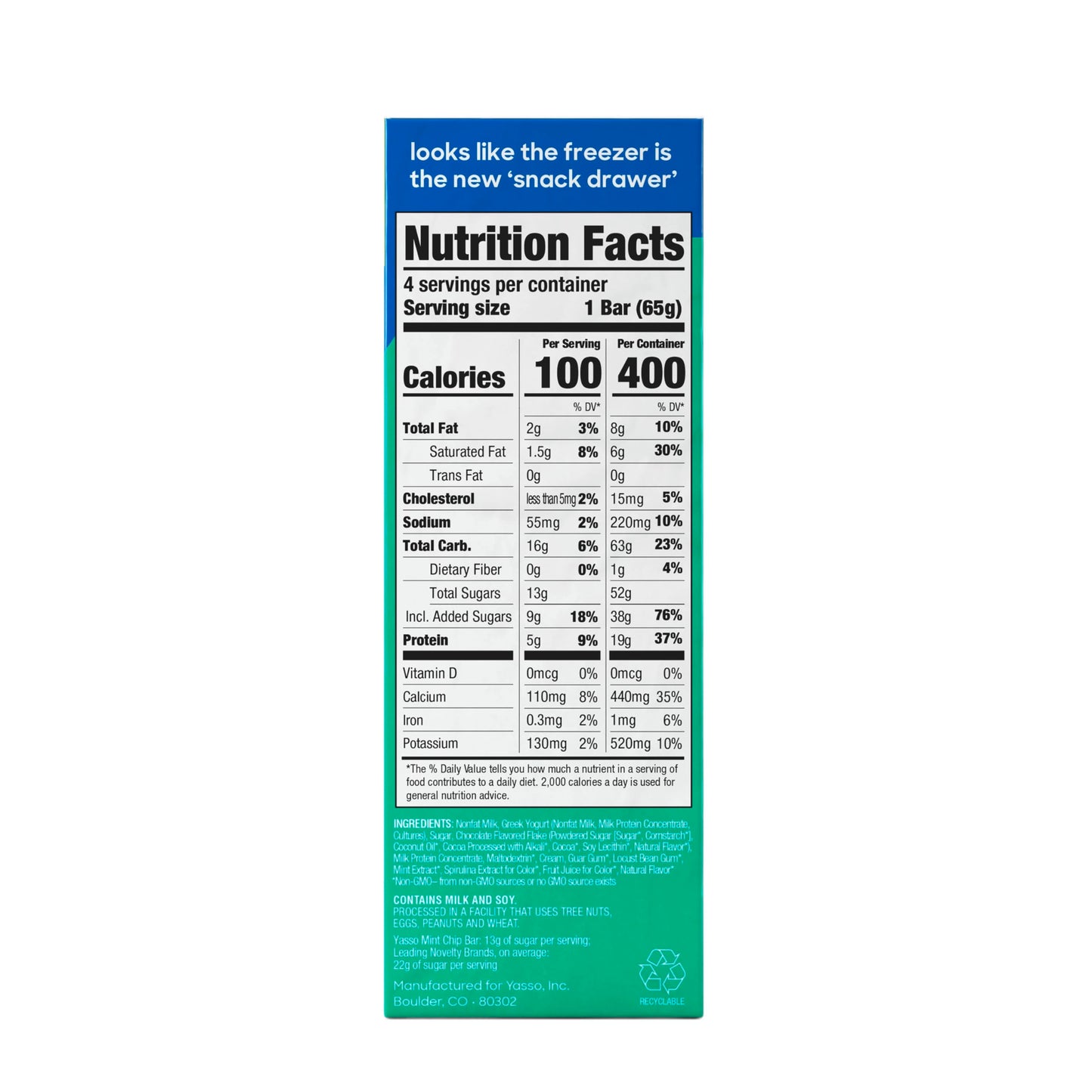Yasso Mint Chocolate Frozen Greek Yogurt Bar, 4pk, 3.5 Fl Oz each