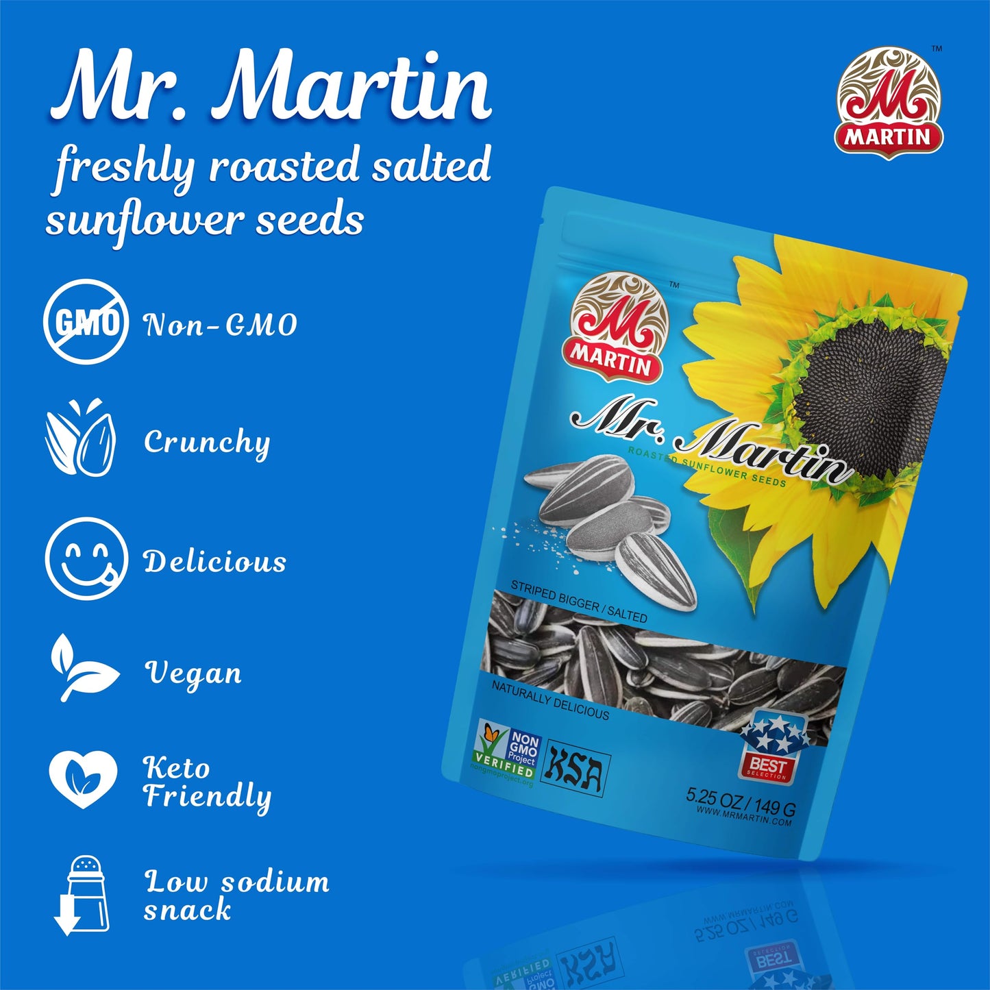 MR. MARTIN Jumbo Freshly Roasted Sunflower Seeds, Non-GMO, Vegan, Low Sodium, 5.25 Oz (Salted, 6 Pack)
