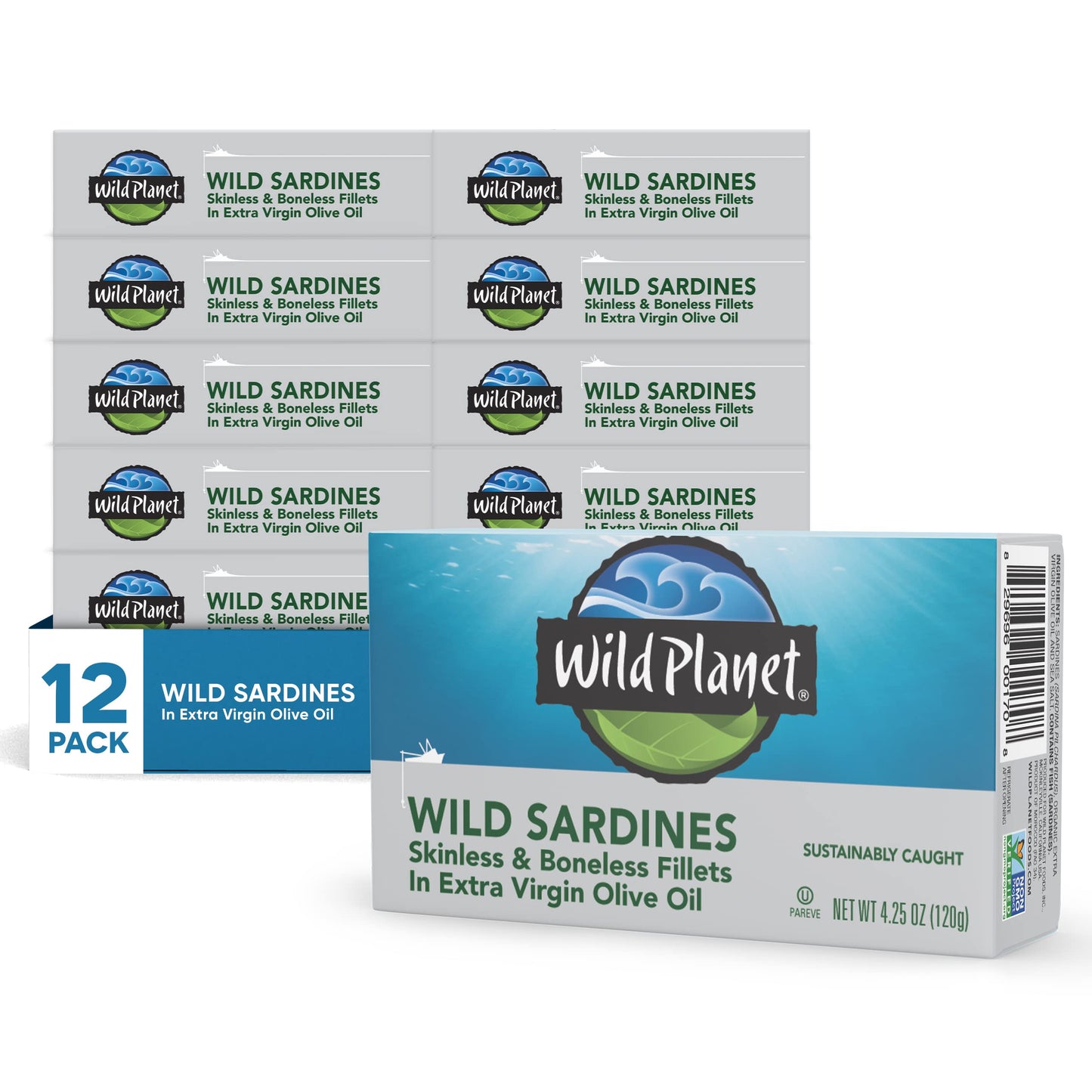 Wild Planet Wild Sardines in Extra Virgin Olive Oil with Sea Salt, Skinless & Boneless, Keto and Paleo, 4.25 Ounce (Pack of 12)