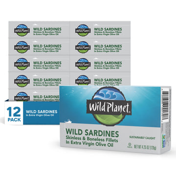 Wild Planet Wild Sardines in Extra Virgin Olive Oil with Sea Salt, Skinless & Boneless, Keto and Paleo, 4.25 Ounce (Pack of 12)