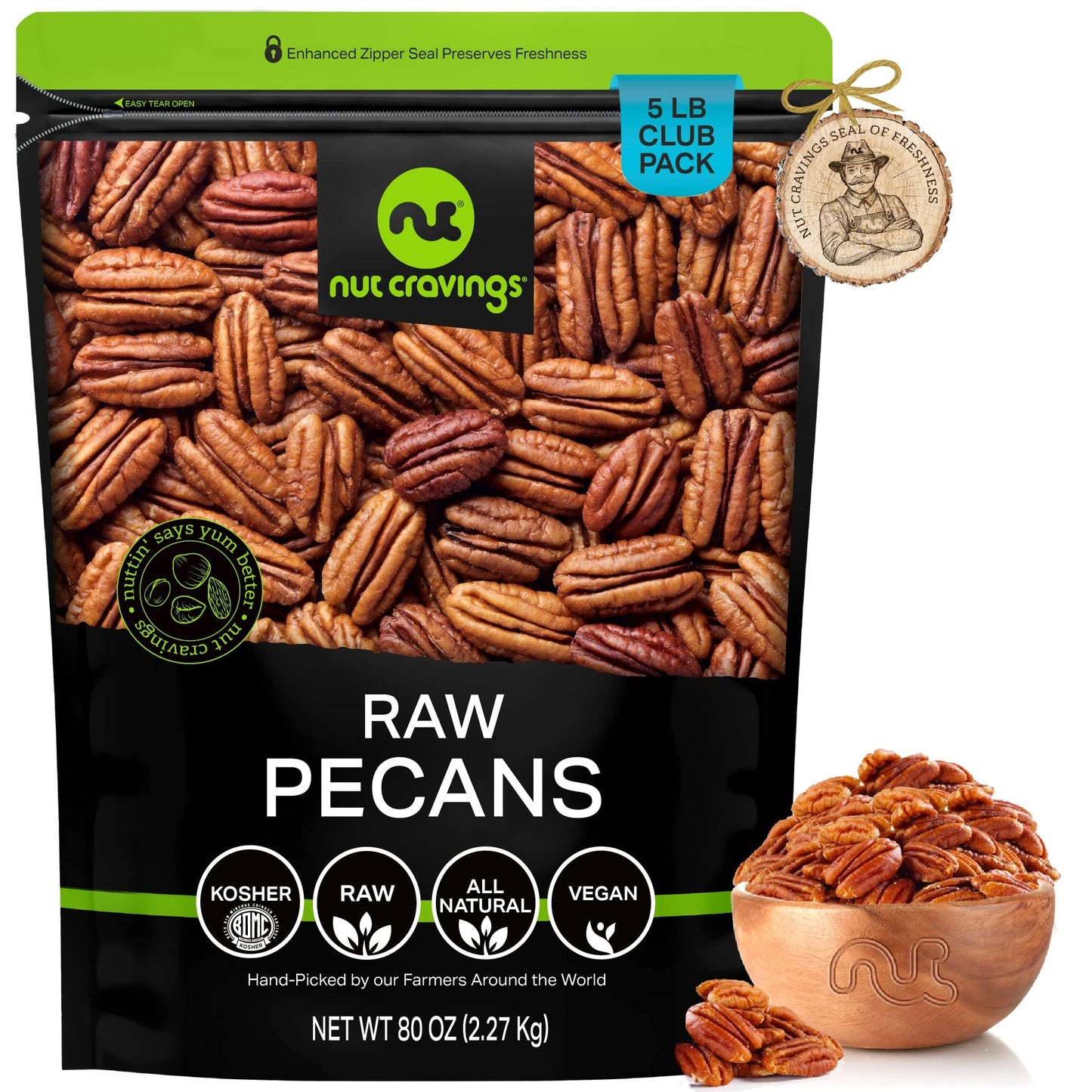 NUT CRAVINGS - Raw Pecans Halves & Pieces, Unsalted, Shelled, (80oz - 5 LB) Bulk Nuts Packed Fresh in Resealable Bag - Kosher He