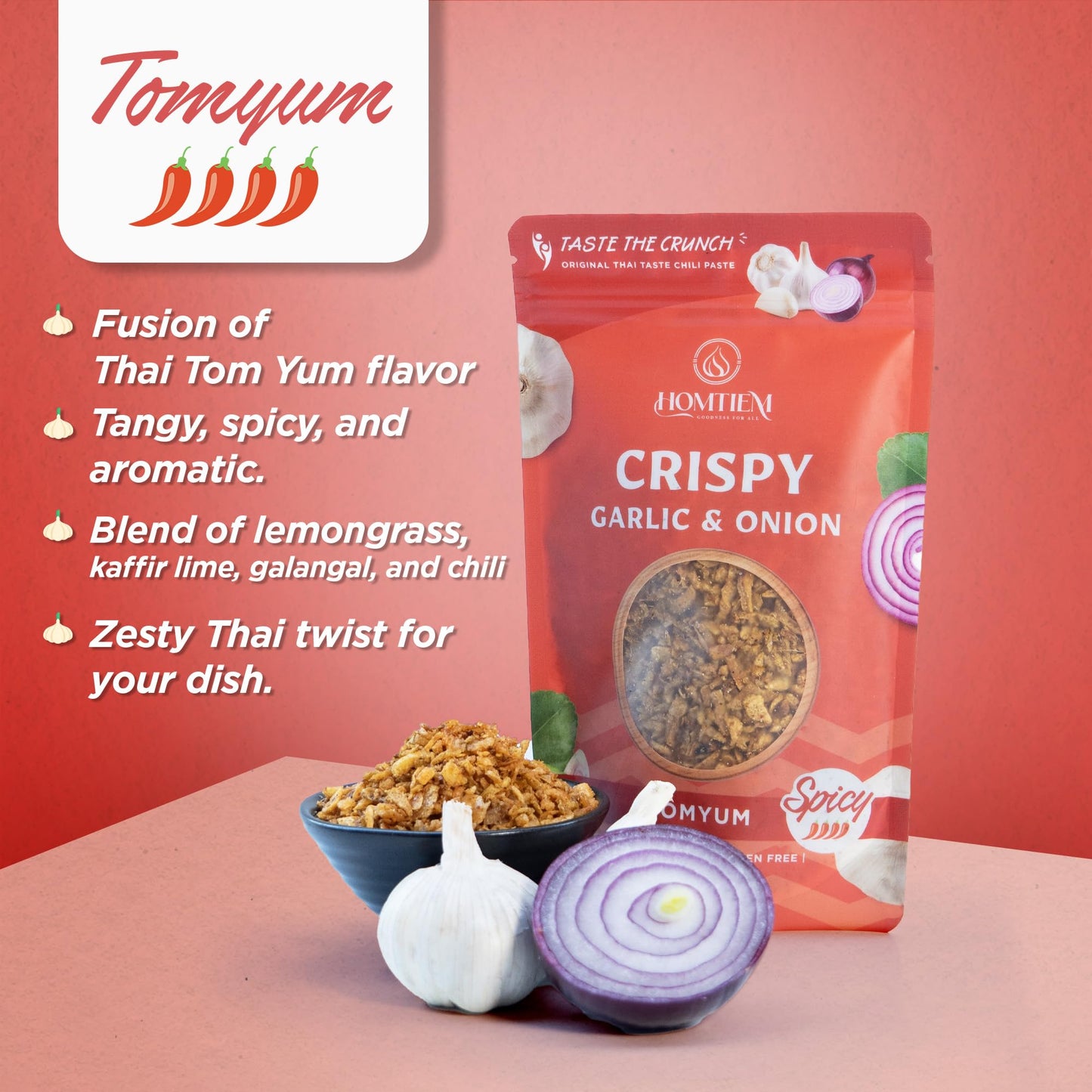 Homtiem Crispy Garlic & Onion : Tomyum 3.5 Oz., Spicy, Versatile Seasoning, All-Natural, Non-Gmo, Vegan & Gluten-Free, Ready-To-