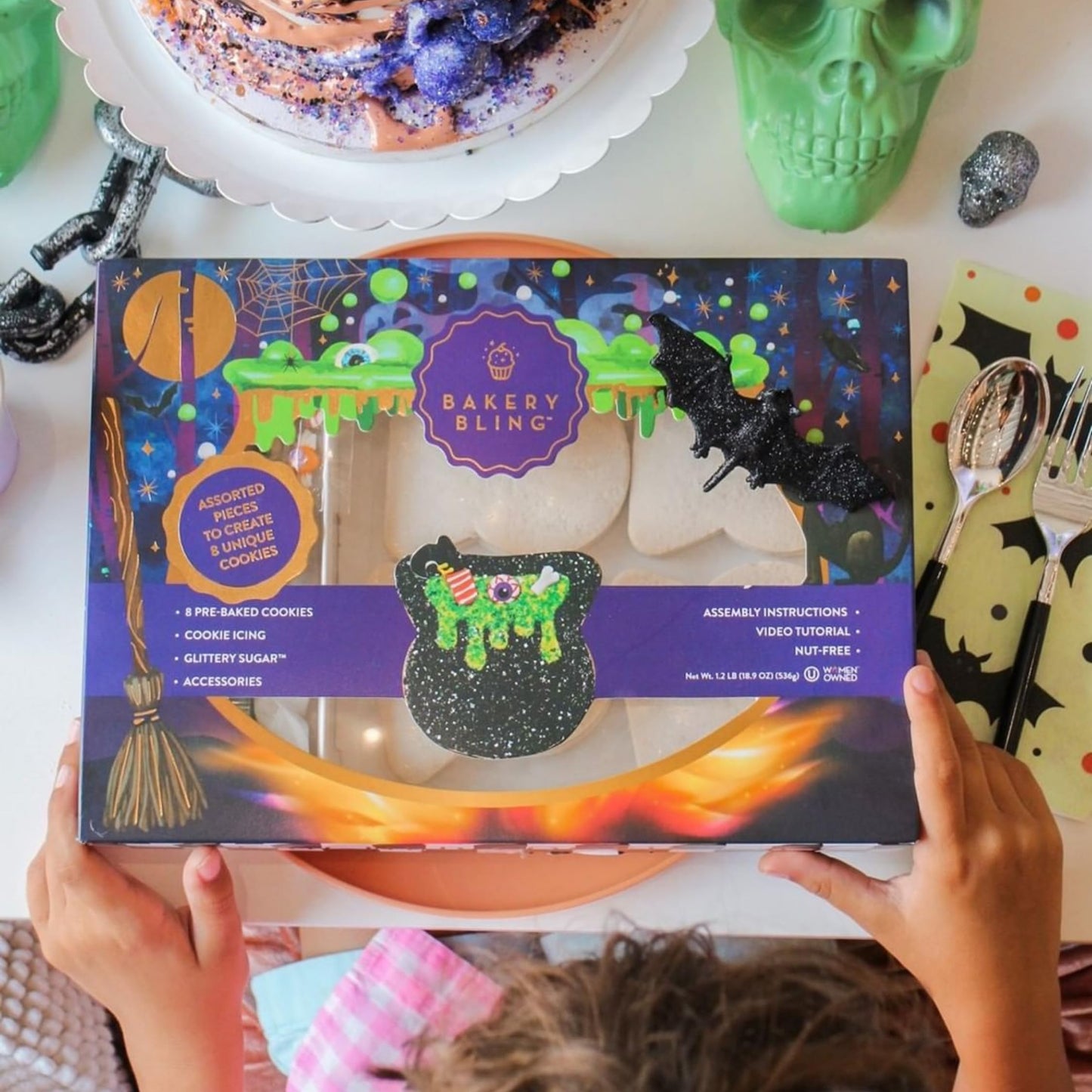 Cauldron Cookie Decorating Kit - Halloween Cookie Kit with 8 Pre-Baked Vanilla Cookies, White Icing, Glittery Sugar, Edible Acce
