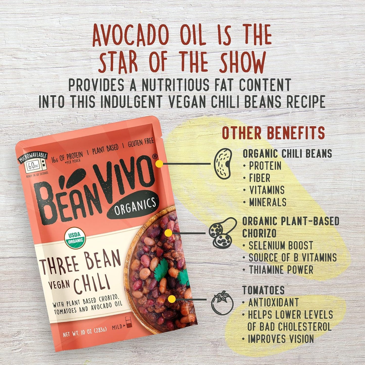 BeanVIVO (Pack of 12) Organics Plant based Protein Three Bean Vegan Chili - Good Source of Fiber - Nutritious & Microwave Meals