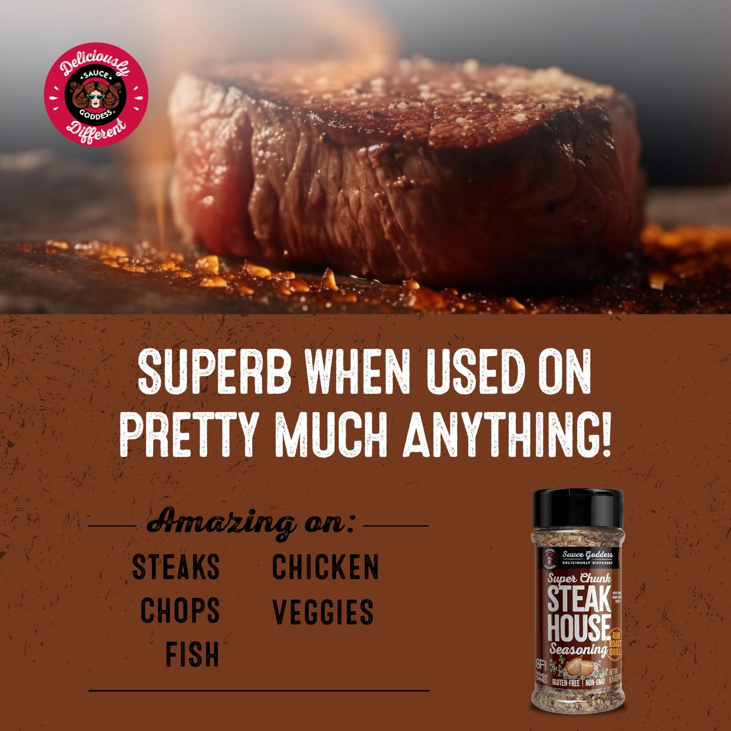 Sauce Goddess Super Chunk Steakhouse Spice Shaker - Gluten-Free, Vegan BBQ Rub - 6.15 oz