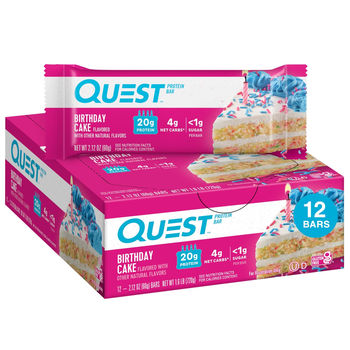 Quest Nutrition Birthday Cake Protein Bars, 20g Protein, 1g Sugar, 4g Net Carbs, Gluten Free, Keto Friendly, 12 Count