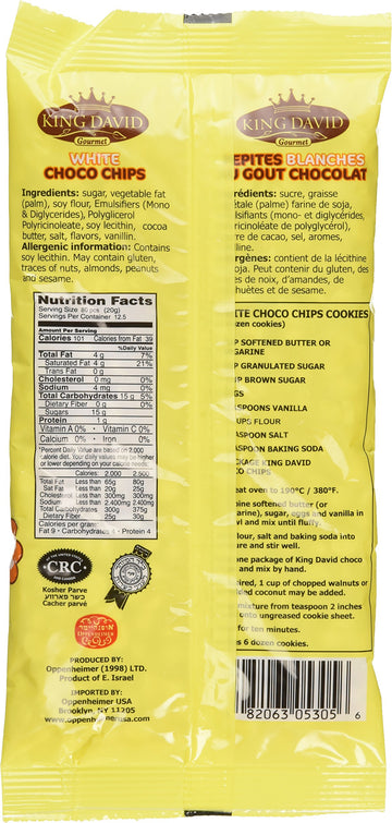 King David Vegan Lactose-Free Non-Dairy Kosher White Chocolate Flavored Chips 8.8 Ounce (Pack Of 4)