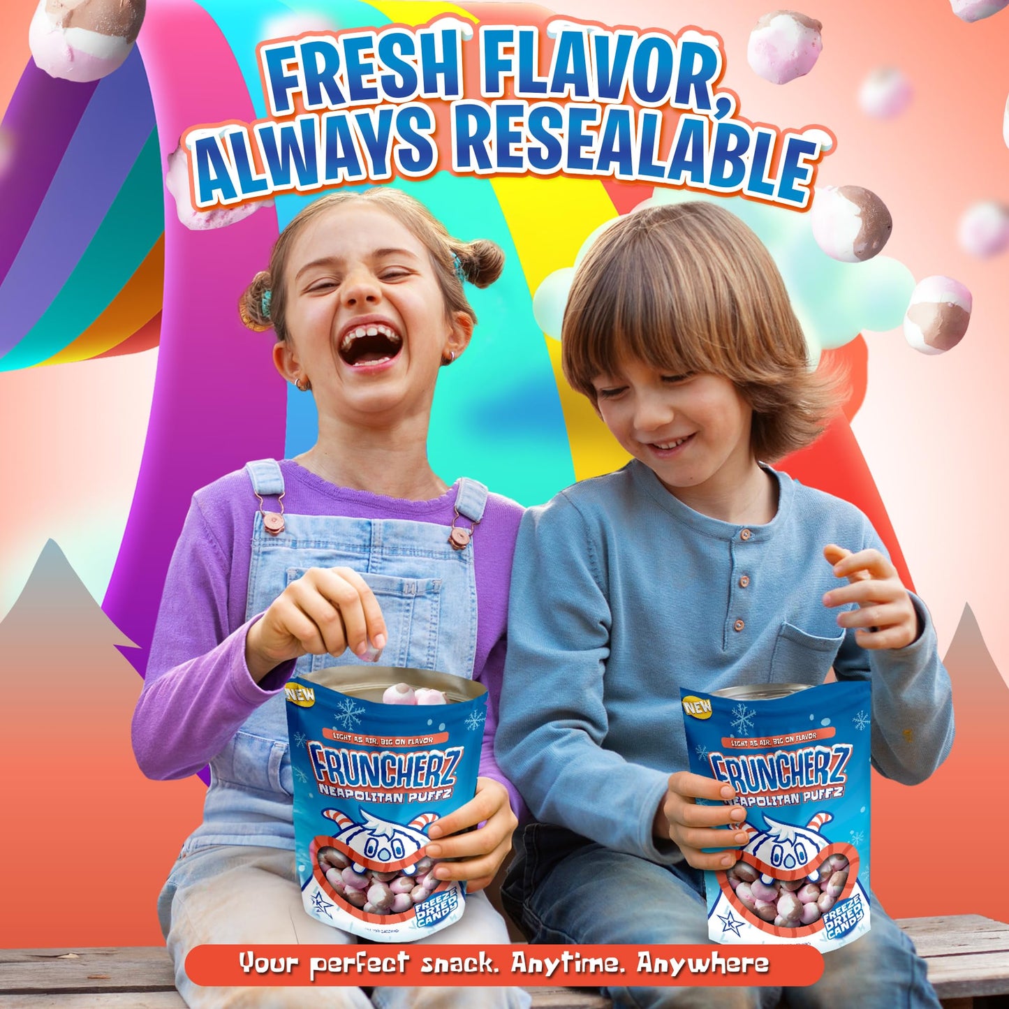 Fruncherz Neapolitan Candy Puffz - Kosher Freeze-Dried , Light & Crunchy, 5 x 7 x 3 inches, Chocolate, Vanilla, Strawberry Flavors