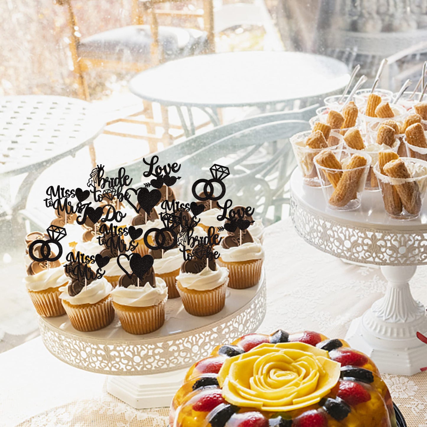 YCTHUNFISH 36 Pack Bridal Shower Cupcake Toppers Glitter Diamond Ring Black Bamboo Picks