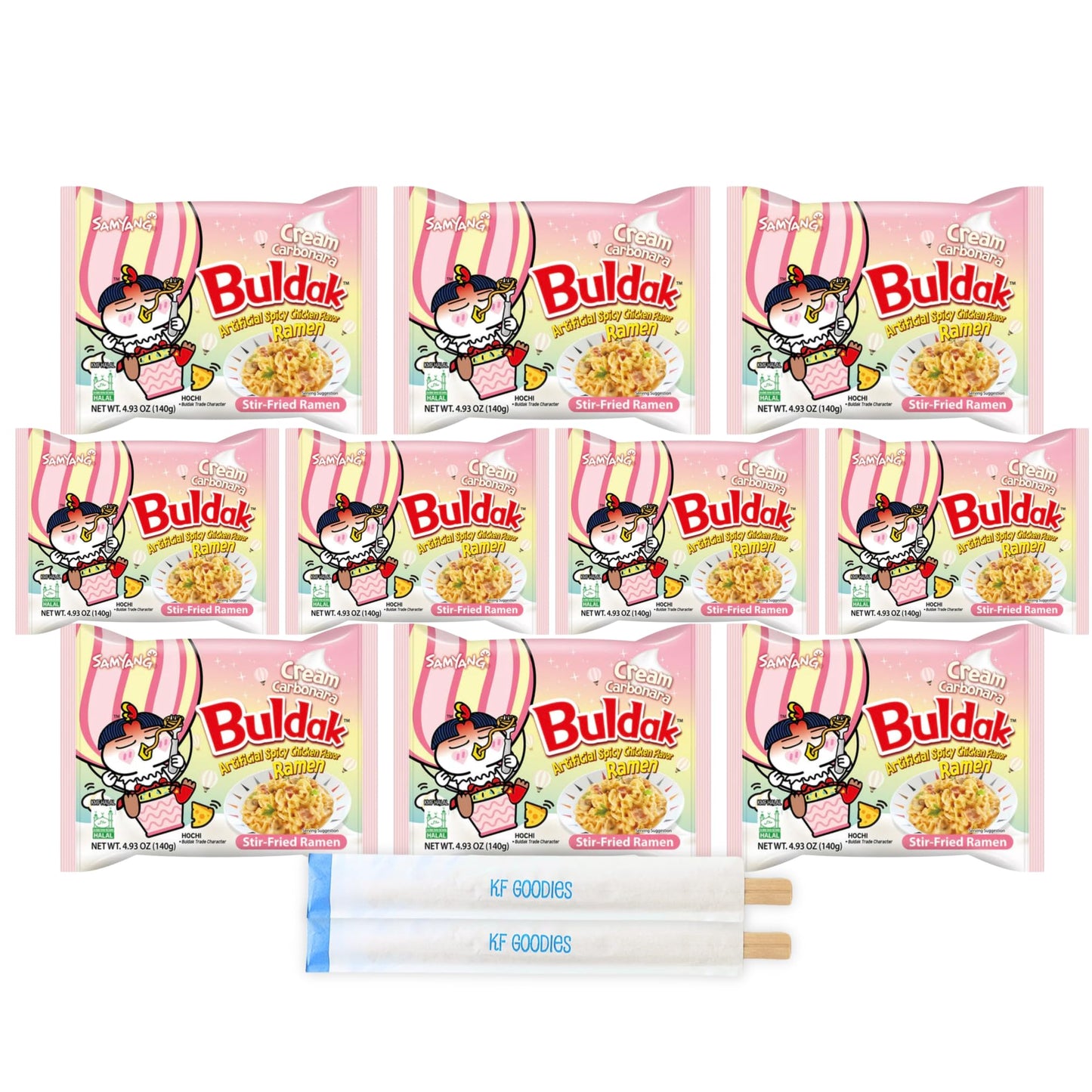 Samyang Buldak Hot Spicy Chicken Ramen Noodle Korean Stir-Fried Ramen, Cream Carbonara Flavor With Kf Goodies Branded Chopsticks