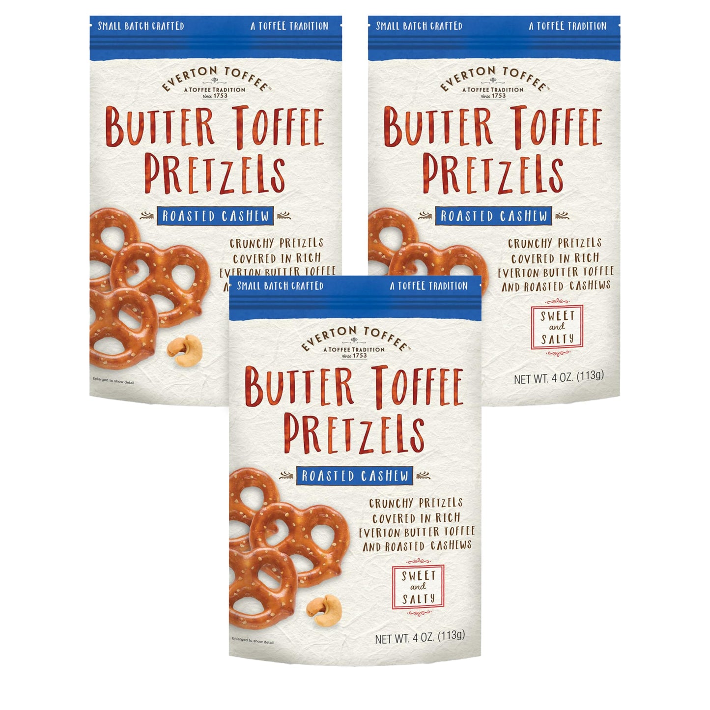 Everton Toffee Butter Toffee Pretzels, Roasted Cashew Flavor (4 oz. bag, 3-pack), Gourmet Artisan Toffee Covered Pretzels, Sweet