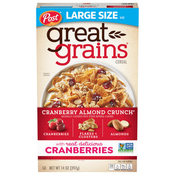 Great Grains Cranberry Almond Crunch Cereal, Cereal with Dried Cranberries and Almonds, Non-GMO Project Verified, 14 OZ Box