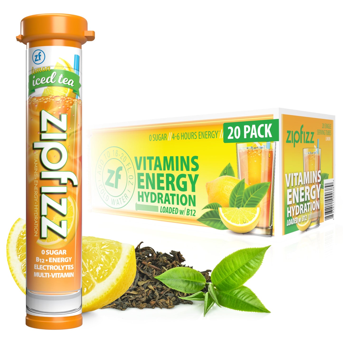 Zipfizz Daily Energy Drink Powder, Sugar-Free Electrolyte Powder, 20 Pack, 0.39 Ounce Each, Lemon Iced Tea, Model 20LITEA