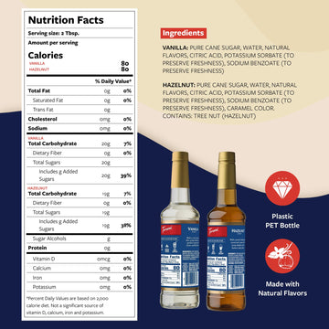 Torani Syrups, Hazelnut And Vanilla Syrup Variety 2-Pack, Coffee Syrups For Drinks, Pumps Included, 25.4 Fl Oz Ea