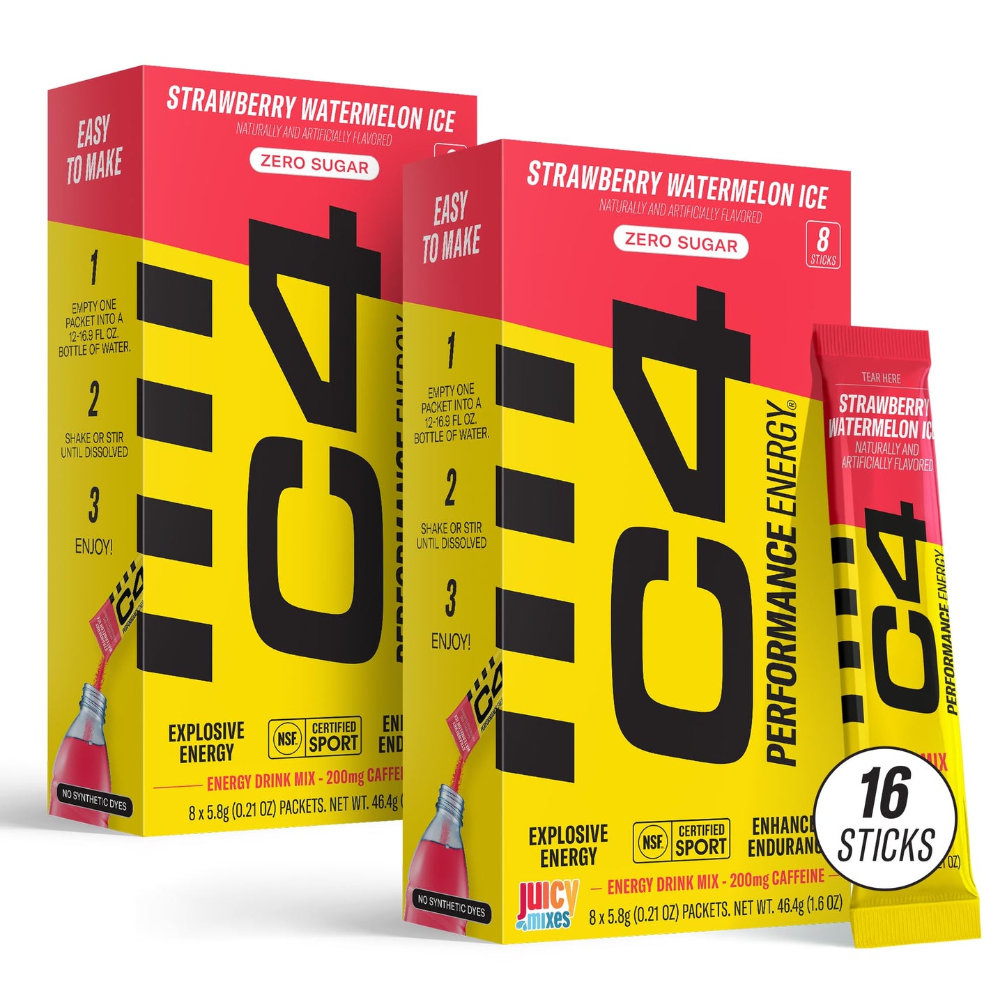 Juicy Mixes C4 Performance Energy Drink Mix, Strawberry Watermelon Ice, 200mg Caffeine, Zero Sugar, 2 Boxes, 16 Sticks
