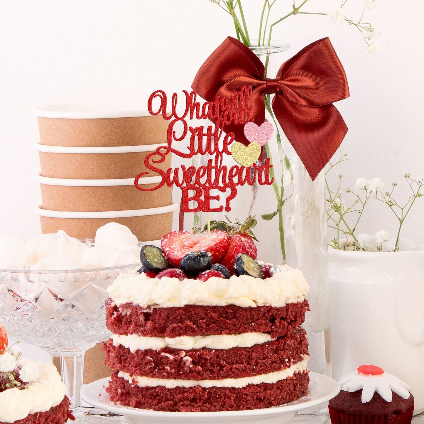 Gyufise 1Pc What Will Our Little Sweet Heart Be Cake Topper Cake Topper Red Pink Glitter Valentine'S Day Baby Shower Cake Decora