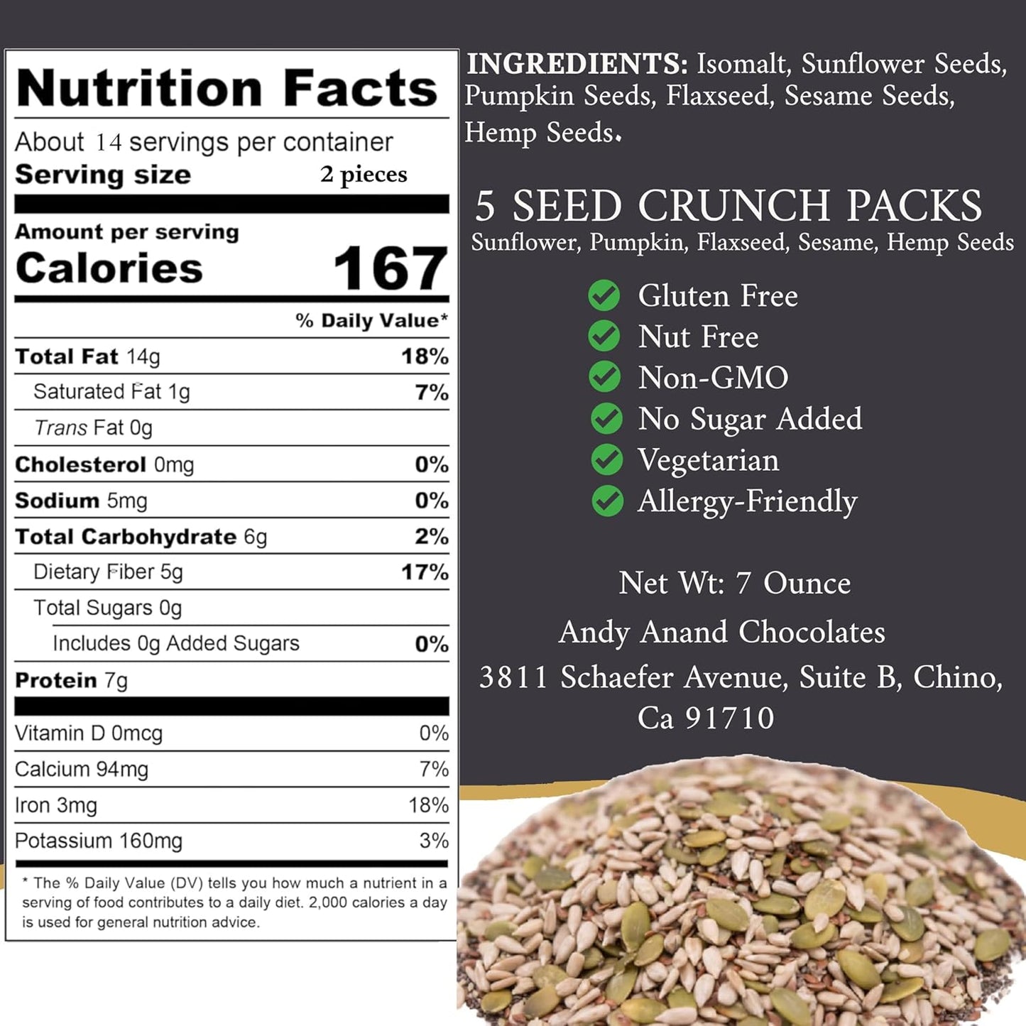 Andy Anand Sugar Free 5 Seed Crunch – 14 Snack Packs, Gluten & Nut Free Trail Mix, Sunflower, Pumpkin, Flax, Sesame & Hemp, 7 Oz