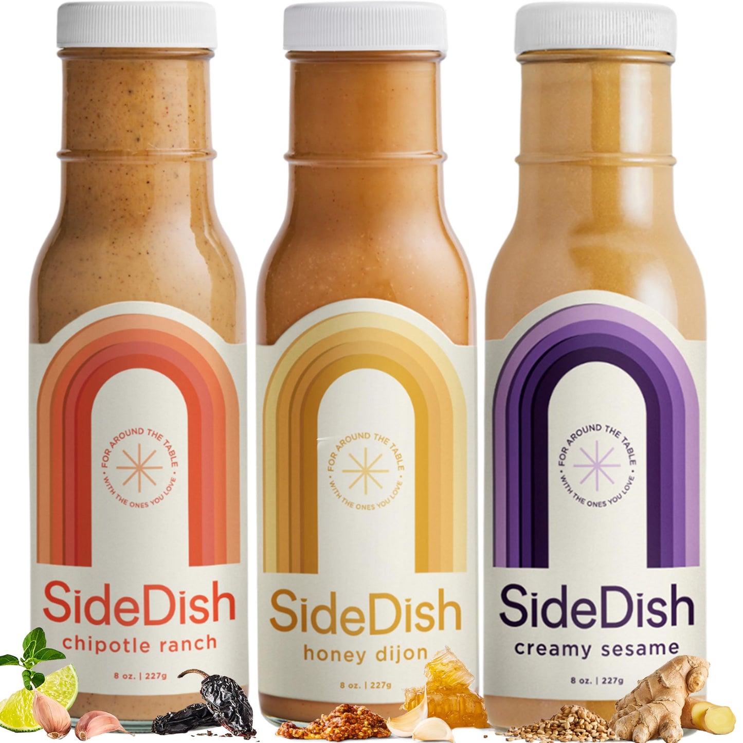 SideDish Salad Dressing Variety Pack, 3 Flavors (Chipotle Ranch, Creamy Sesame, Honey Dijon), 8 Fl Oz, Gluten Free, Dairy Free