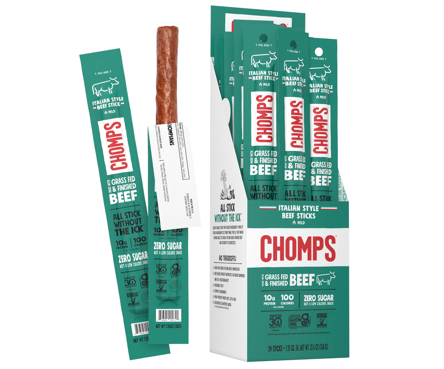 Chomps Grass Fed Italian Style Beef Jerky Snack Sticks, Keto, Whole30, Paleo, Gluten Free, Sugar Free, Low Carb, Aip Diet Compli