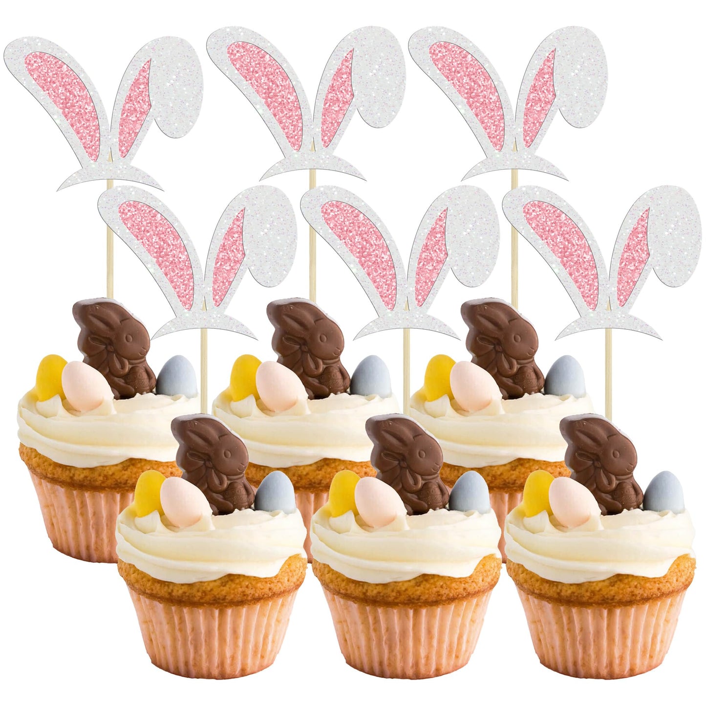 Gyufise 24Pcs Easter Bunny Ear Cupcake Toppers Glitter Rabbit Ears Cupcake Picks Easter Day Cake Toppers For Easter Theme Spring Birthday Baby Shower Party Supplies