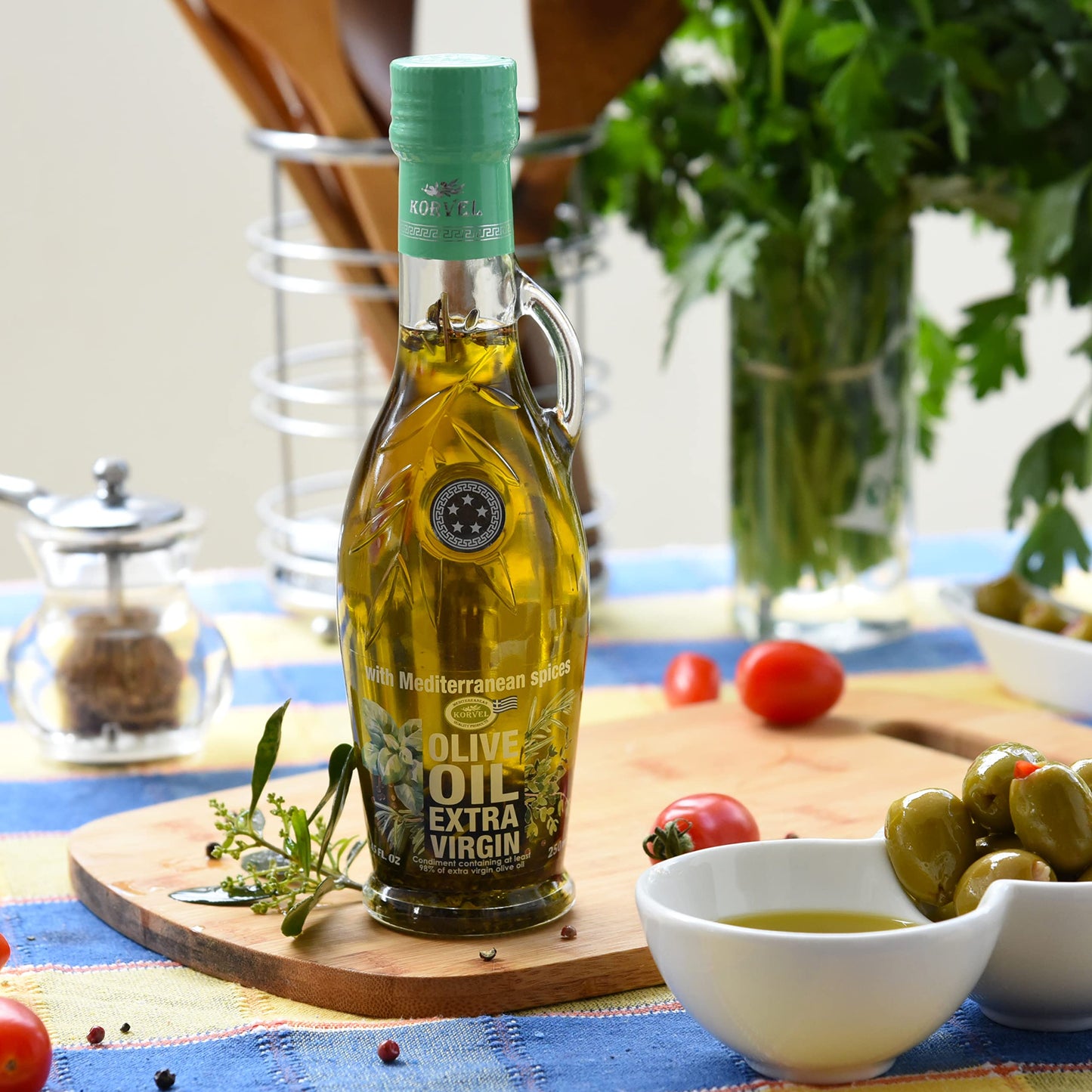 KORVEL Extra Virgin Olive Oil with Mediterranean Herbs, 250 ml, Glass Bottle