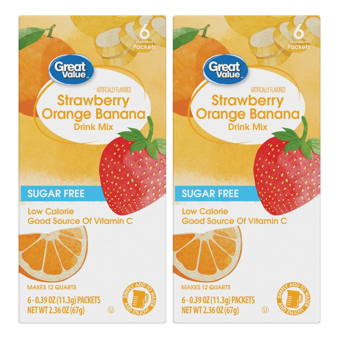 Generic Drink Mix Bundle - 2 Pitcher Size Boxes with 6 Packets Each - Low Calorie Strawberry Orange Banana Flavor
