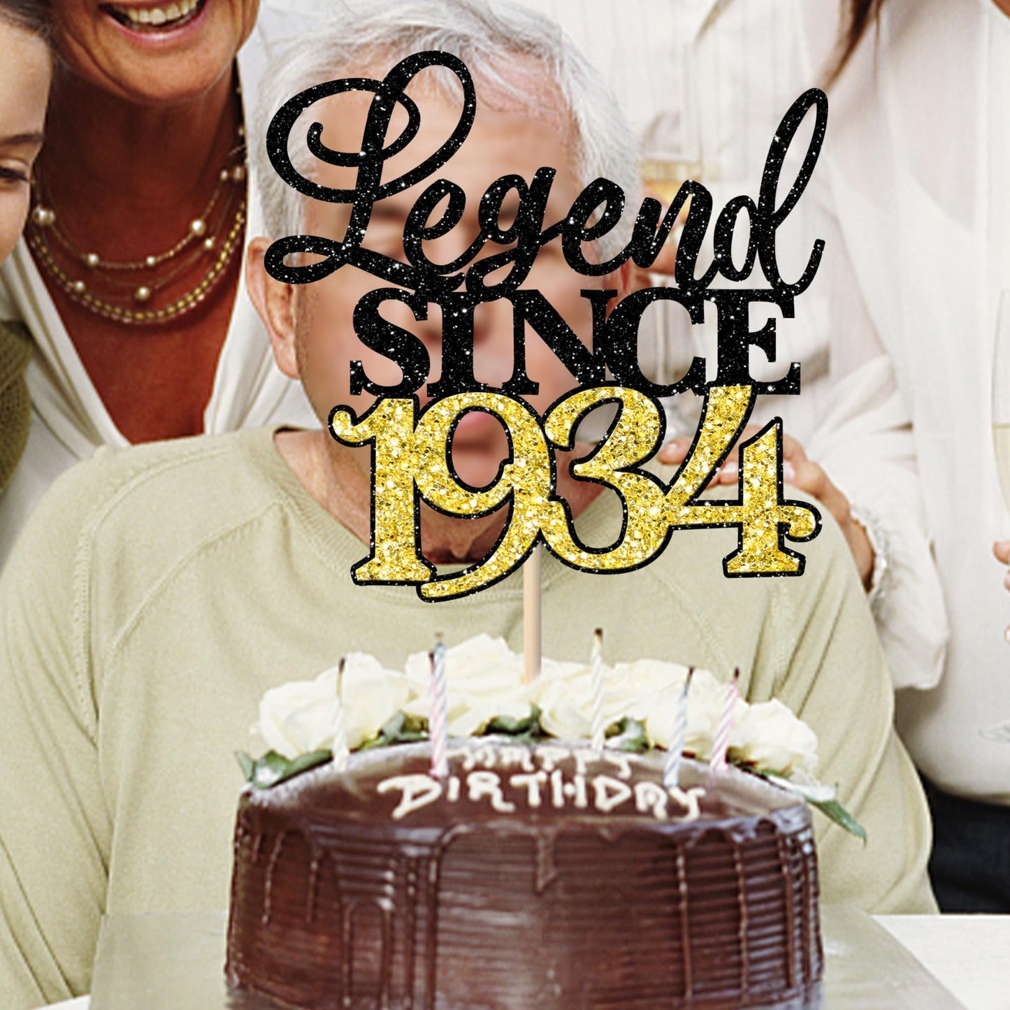 Rssta i Cake Topper, Legend Since 1934, Black Gold Glitter, 90th Birthday Decoration, Model XM398