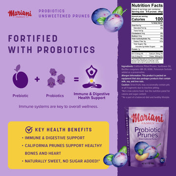 Mariani Probiotic Pitted Prunes - Gluten Free, Vegan - 7oz (Pack of 4) - Resealable Bag - Healthy Snack for Kids & mature-themeds