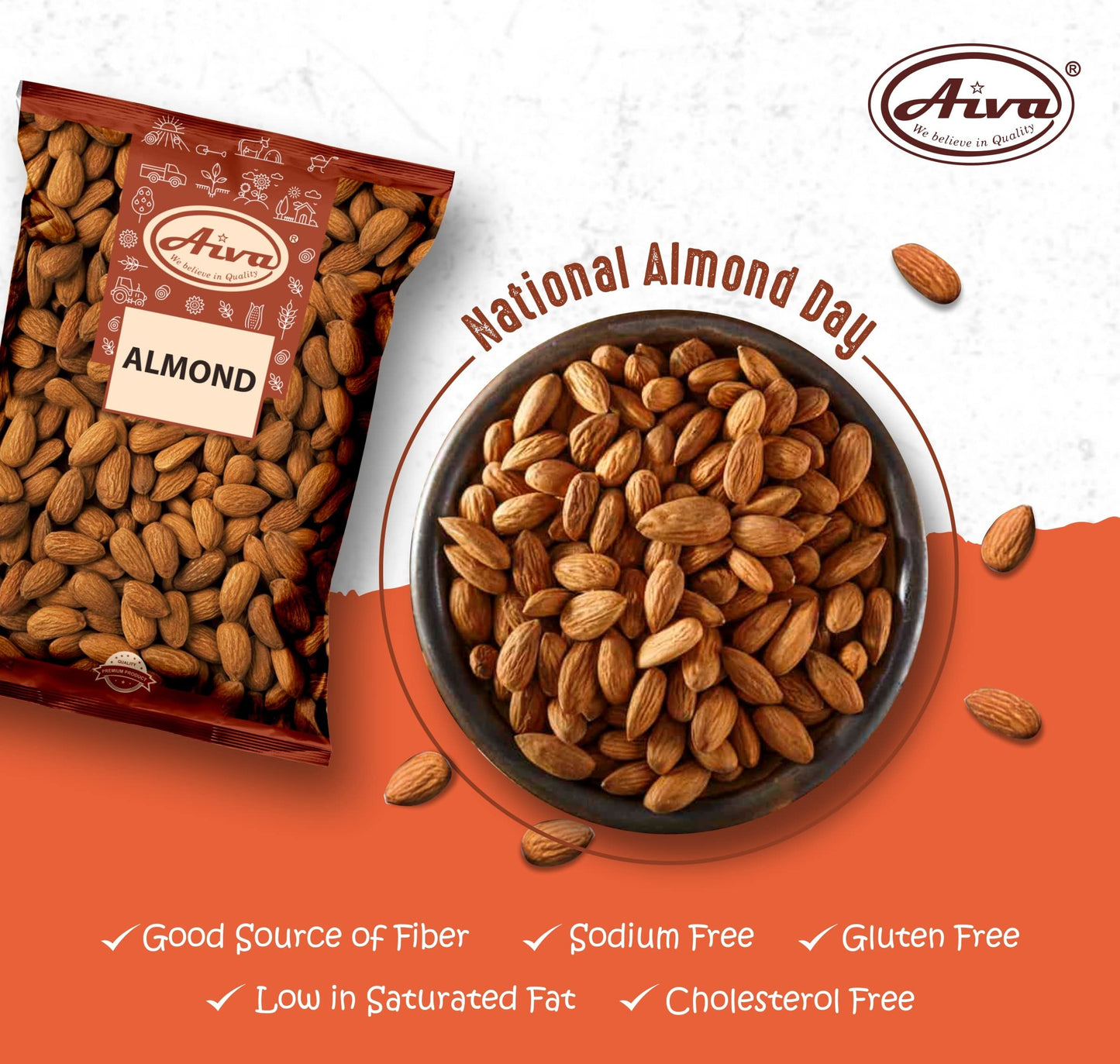 Aiva, Natural Whole Raw Almonds, Unsalted, No Shell - 10 Lb, Grown In The Usa, Raw Whole Almonds With Skin