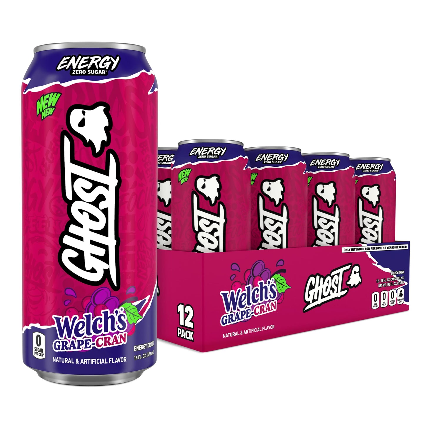 Ghost Energy Drink - 12-Pack WelchS Grape-Cran 16Oz Cans - Energy & Focus & No Artificial Colors - 200Mg Of Natural Energy Blend L-Carnitine & Taurine - Gluten-Free & Vegan