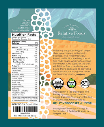 Whole Organic Hulled Millet Seed - 3Lb Millet Organic Whole Grain Seed- Gluten-Free Grain For Porridge, Salads, Fruits - Non-Gmo