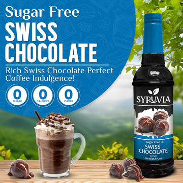 Syruvia Sugar-Free Swiss Chocolate Coffee Syrup - 25.4 fl oz. Premium Coffee Flavoring Syrup. 0 Calories, Kosher, and Gluten-Fre