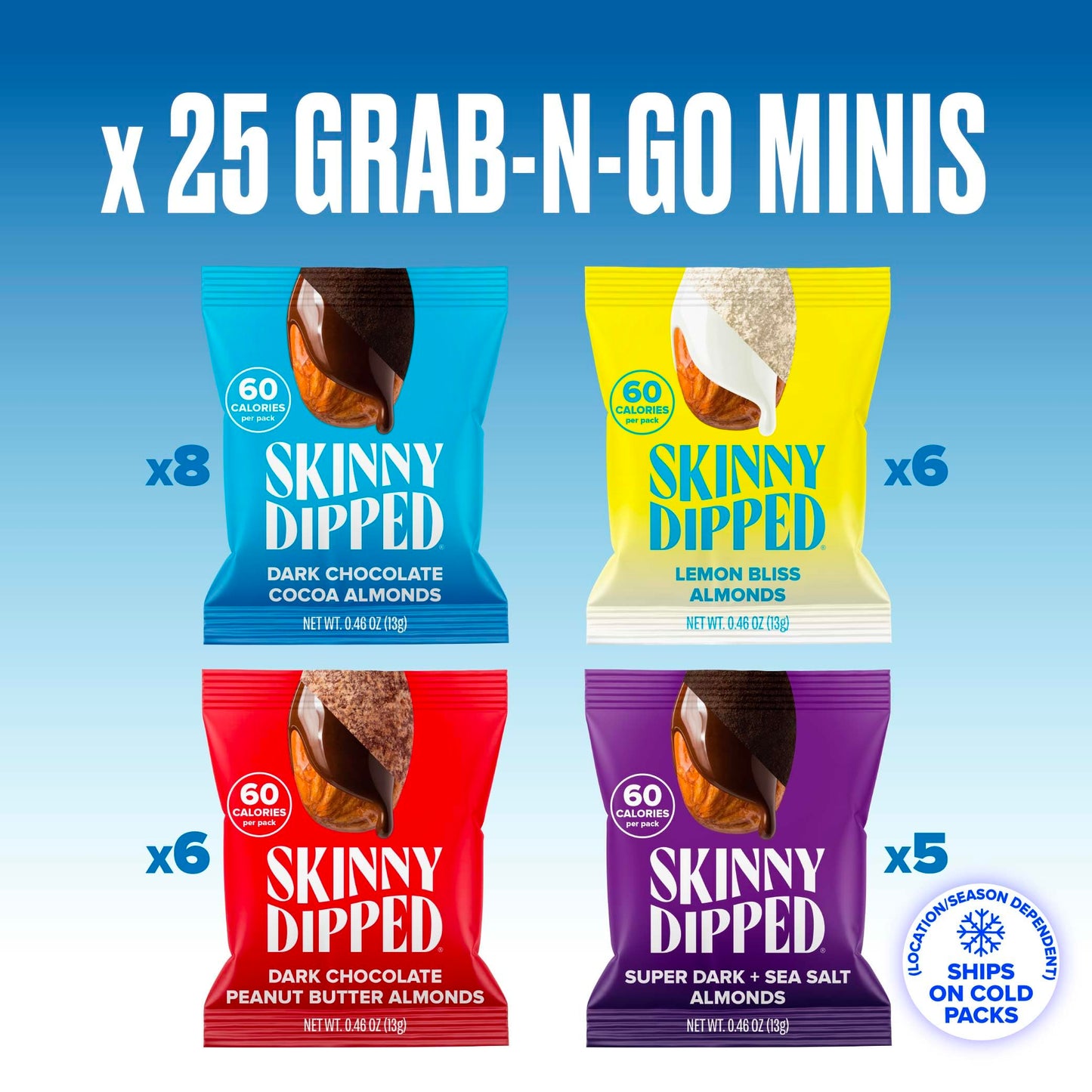 Skinnydipped Snack Attack Minis Almond Variety Pack, Healthy Snack, Plant Protein, Gluten Free, 0.46 Oz Mini Bags, Pack Of 25