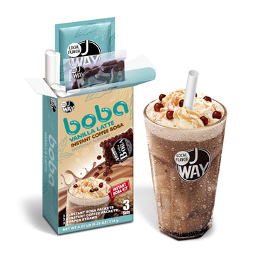 J WAY Instant Vanilla Latte Coffee Kit with Authentic Brown Sugar Tapioca Boba, Ready in Under One Minute, Paper Straws Included