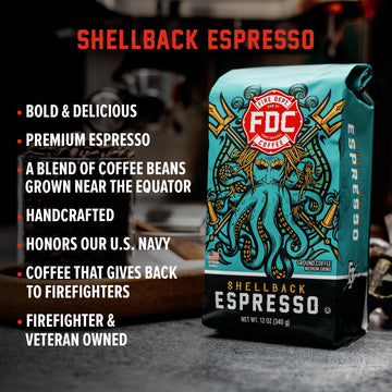 Fire Department Coffee - Gives Back To Firefighters - Bold & Smooth Shellback Espresso Ground Coffee - Roasted In The Usa - Hand