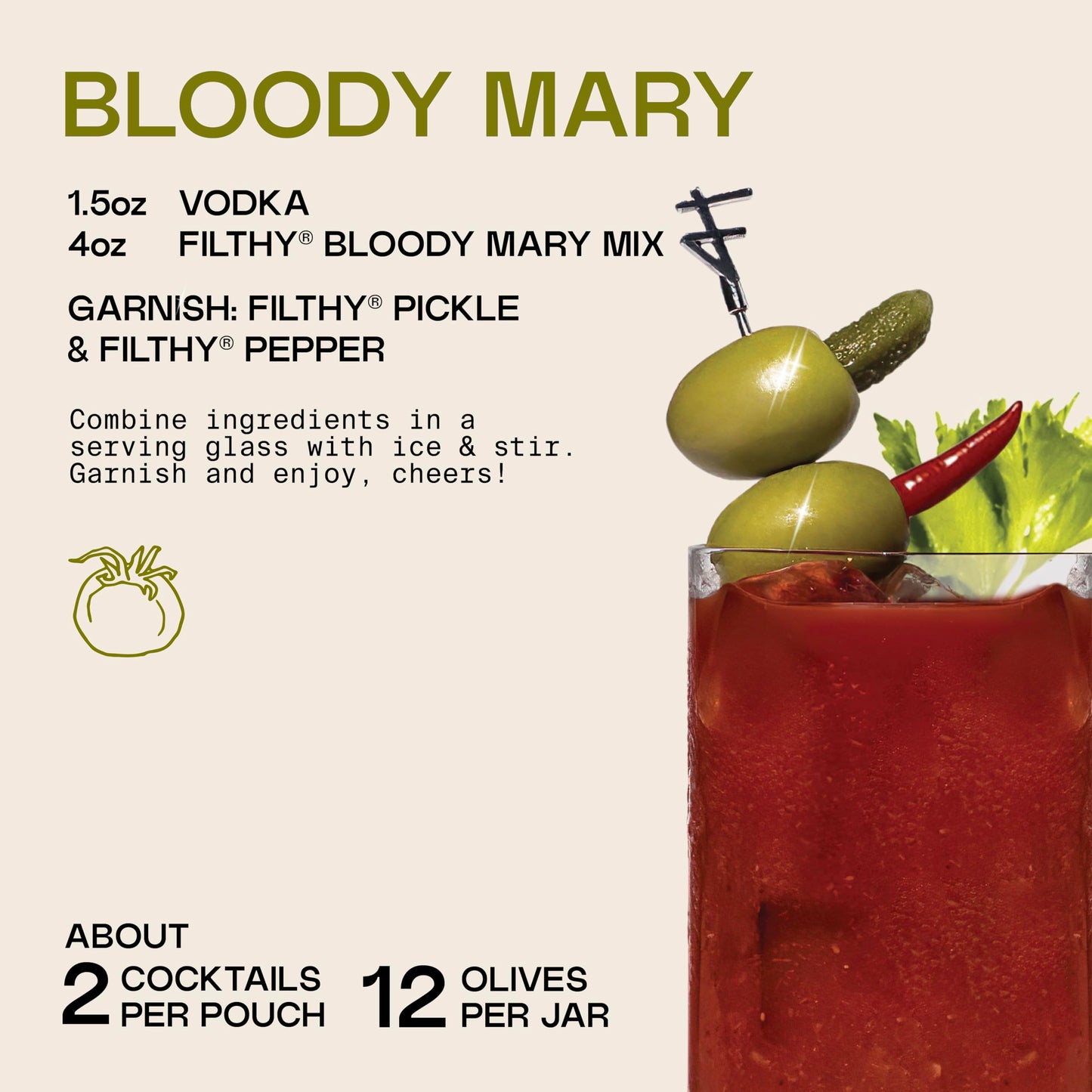 Filthy Food Bloody Mary Cocktail Kit - 9 Piece Set with Pickle & Pepper Stuffed Olives, All-Natural Mix Pouches & Stainless Steel Picks