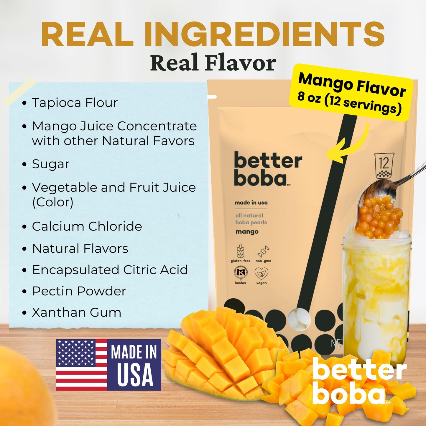 Better Boba All-Natural Mango Boba Pearls | Kosher, Vegan, Gluten-Free, Non-Gmo Popping Boba For Bubble Tea, Desserts| 8 Oz Pack
