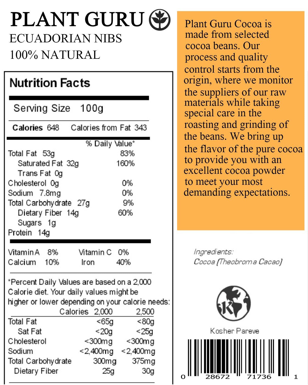 Plant Guru Raw Cocoa Nibs, Bulk Arriba National Bean, 5 lbs, Non-GMO, From Ecuador