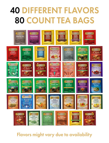Twinings Tea Bag Sampler Assortment, Variety Pack (80 Count), 40 Unique Flavors For Tea Lovers: Women, Men, Couples, Family, Fri