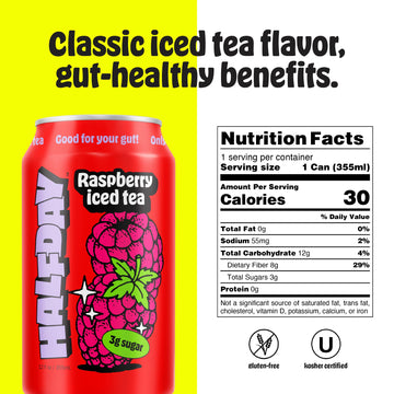 Halfday Prebiotic Raspberry Iced Tea Cans, 12 Pack, Supports Digestive Health & Gut Health, 8G Plant Fiber & Prebiotics, Gluten