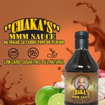 Chakas MMM Sauce Sampler Pack - 4 Sauces: Original Marinade, Zesty Marinade, BBQ, Mystery Hot Sauce - Pack of 4