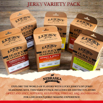 Lucky Beef Jerky DIY Jerky Seasoning and Cure Kits - Variety Pack with Six Flavors | Make Your Own with Sweet and Spicy Peppered Red Pepper Teriyaki BBQ and Original- Season 120lbs of Meat