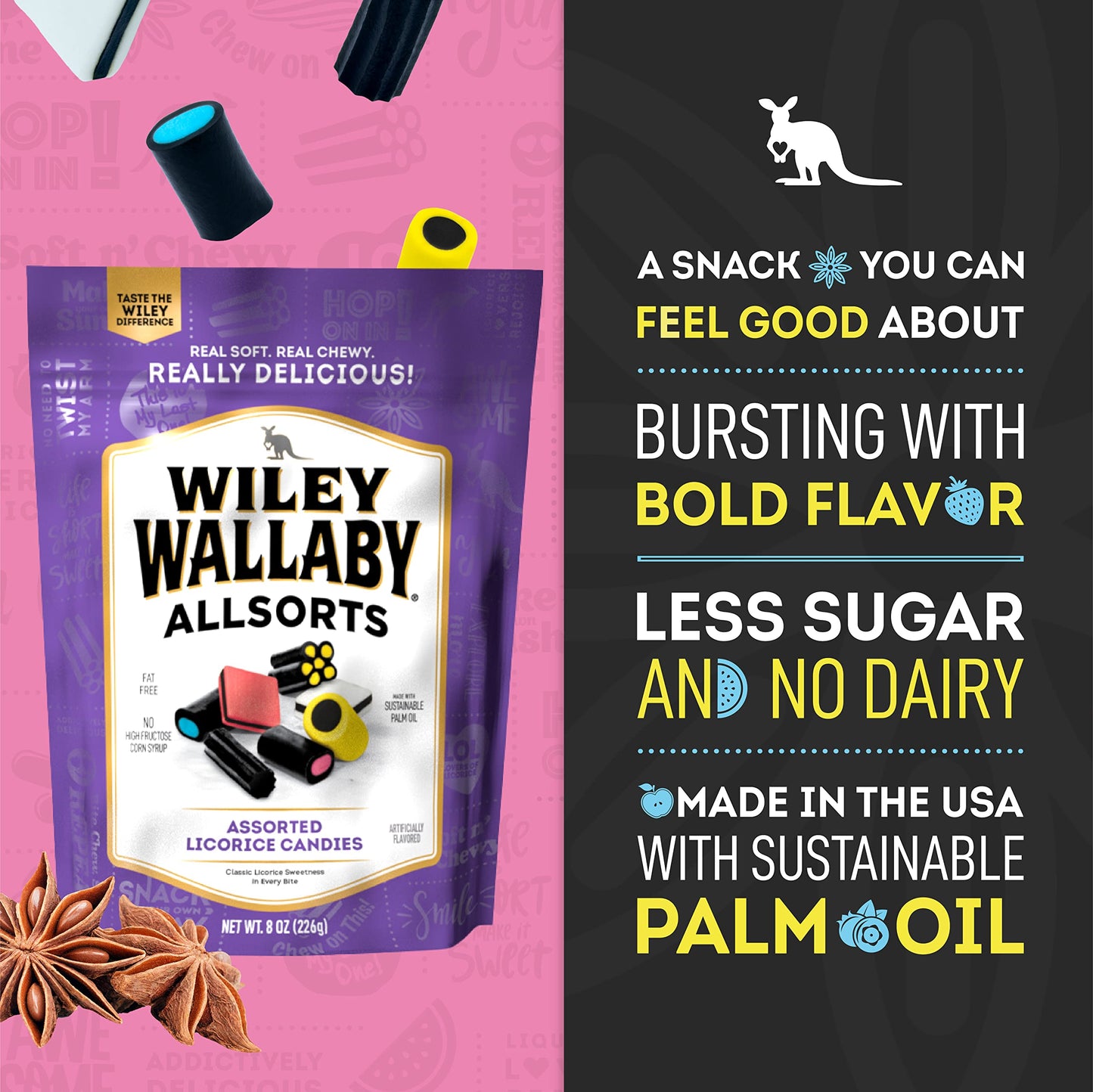 Wiley Wallaby 8 Ounce Allsorts Gourmet Australian Style Soft & Chewy Assorted Licorice Candy (1 Pack)