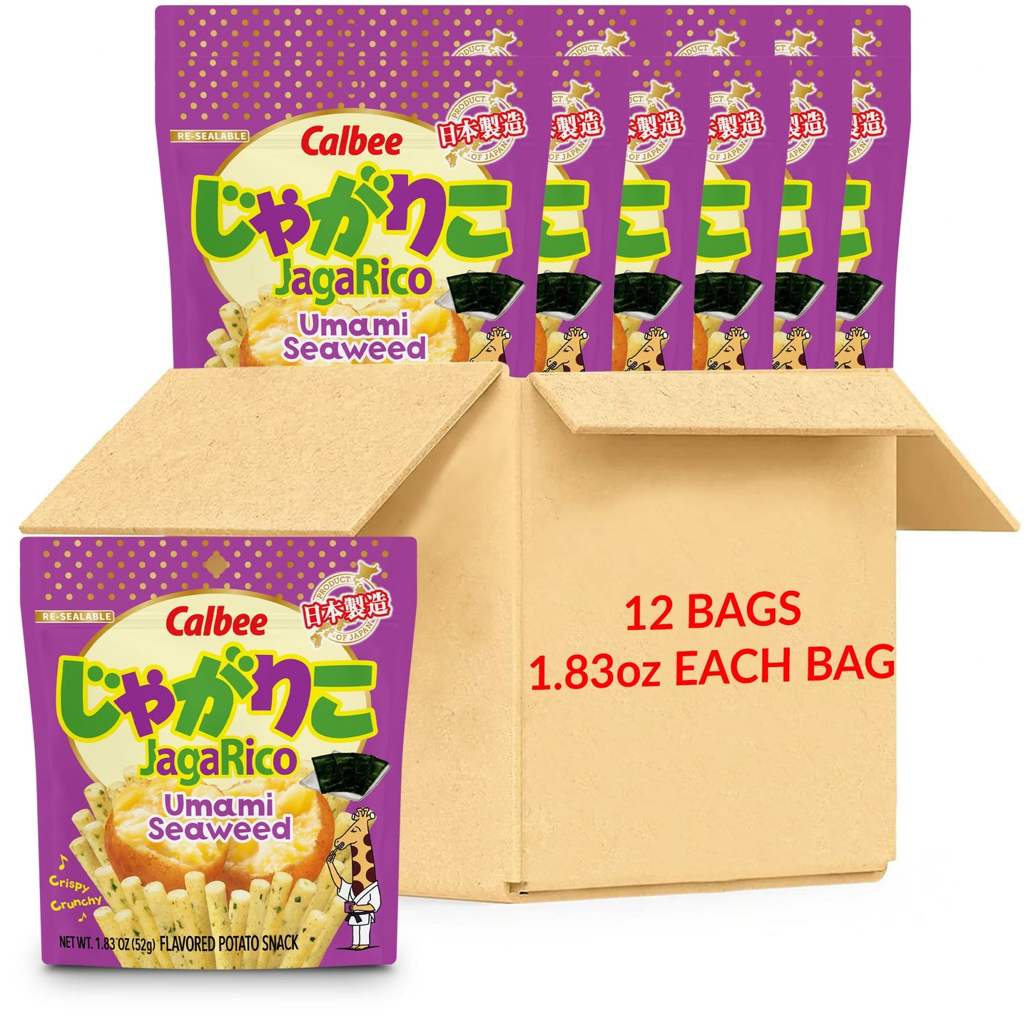Calbee JagaRico (Umami Seaweed, 1.83 oz) | Seriously crunchy on the outside and crispy on the inside potato snack | (12 Pack)