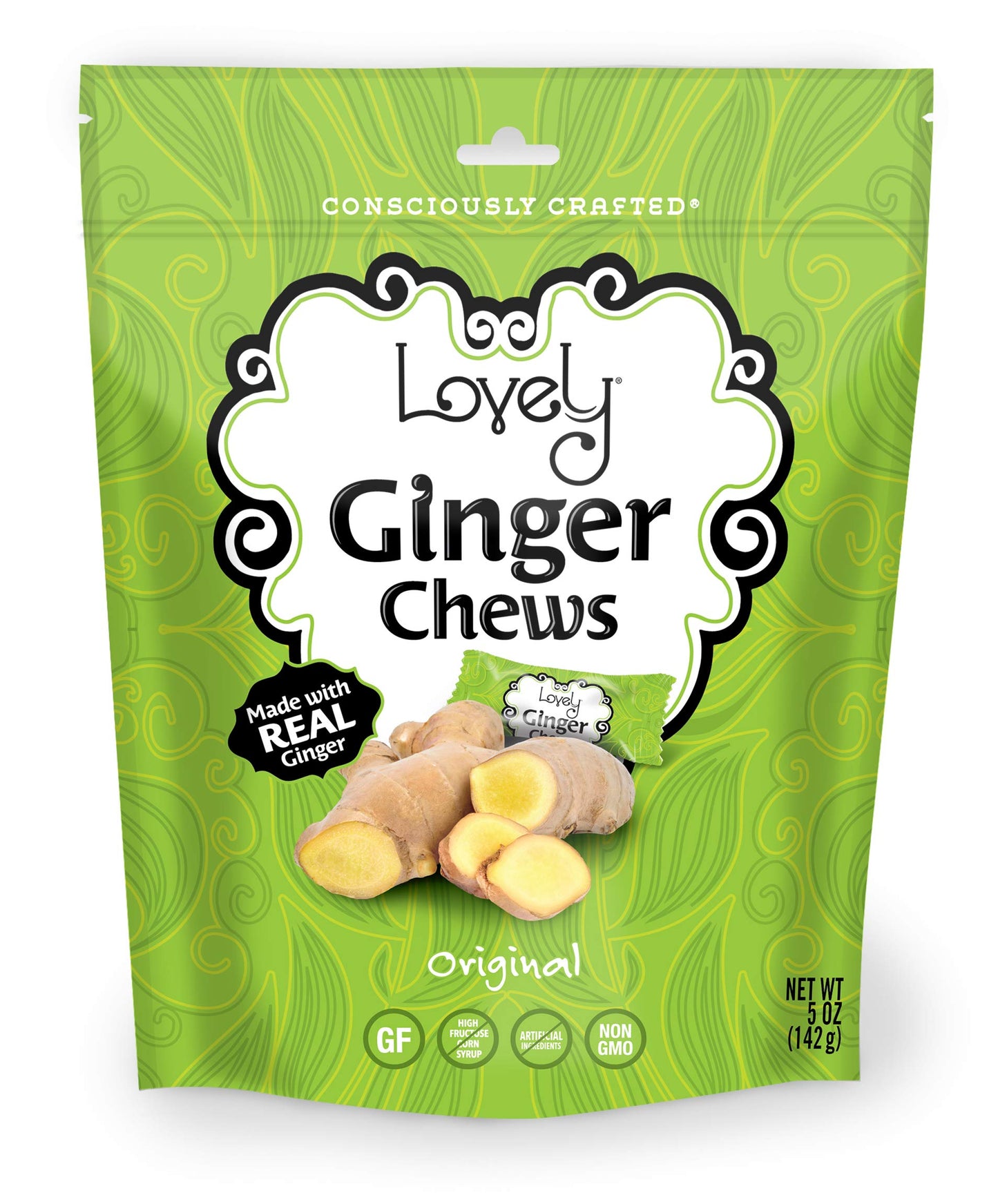 Lovely Candy Co. Original Ginger Chews, Made with Real Ginger, Individually Wrapped, 5oz (1-Pack) | Gluten-Free, Non-GMO, NO Art